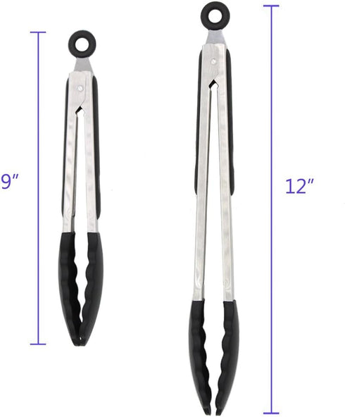 2 Pack Black Kitchen Tongs, Premium Silicone BPA Free Non-Stick Stainless Steel BBQ Cooking Tongs, 9-Inch & 12-Inch