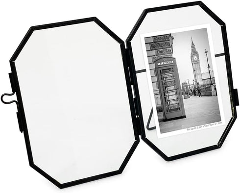 Isaac Jacobs 3.5x5 Vintage Style Octagon Brass & Glass Floating Picture Frame, Tabletop Display, Locket Closure