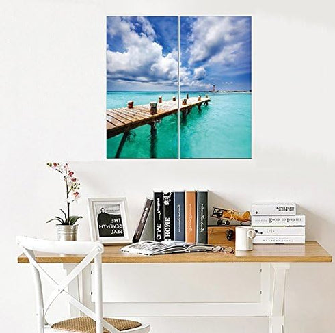 2 Set, Dock Canvas Wall Art Decor - Piece Decorative Multi Panel Split Prints - Lake Pier Picture for Living Room