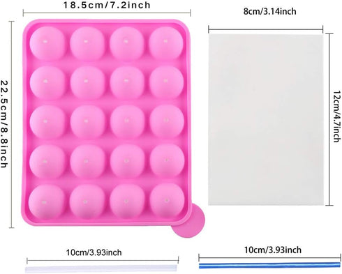 CCINEE 20 Cavity Silicone Cake Pop Mold with 30 pcs Clear Cellophane Treat Bags, 20 pcs Lollipop Sticks, 30 pcs Twist