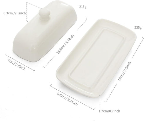 Butter Dish with Lid, Porcelain Butter Box with Stainless Steel Knife, Kitchen Gift in White