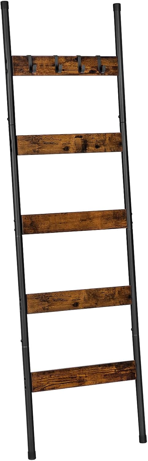 HOOBRO Blanket Ladder, 5-Tier Towel Rack with Hooks, Wall-Leaning Blanket Rack, Decorative