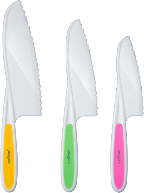 NutriChef 3-Piece Nylon Kitchen Baking Knife Set - Safe Children's Cooking Knives with Firm Grip and Serrated Edges
