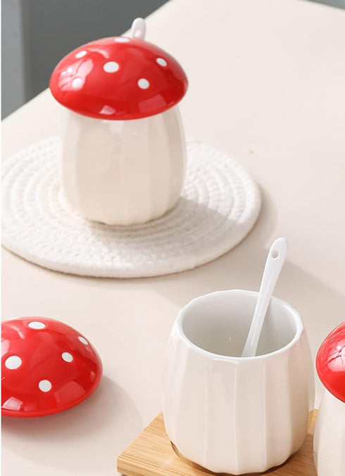 Ceramic Mushroom Shape Sugar Bowl, Spice Jar Seasoning Pot with Lid and Spoon