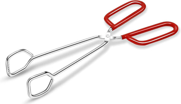 10-Inch Heavy Duty Stainless Steel Kitchen Tongs - Non-Slip Comfortable Red Grip for BBQ and Cooking