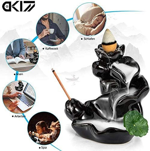 DK177 Waterfall Incense Holder, Backflow Cone Ceramic Burner with 20 Free Cones