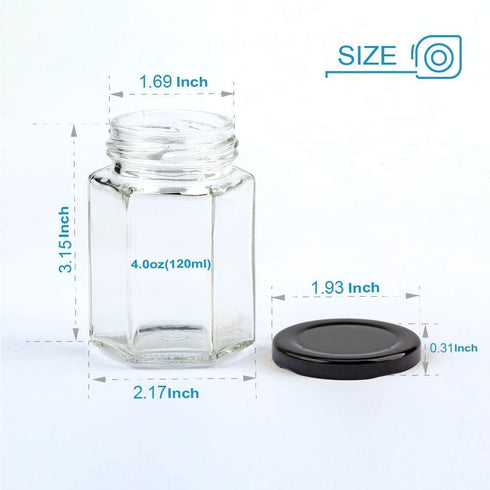 Encheng 4 oz 30 Pack Clear Hexagon Jars,Small Glass Honey Jars With Lids(Black),Mason Jars For Herb,Foods,Jams,Liquid