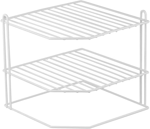 Home Basics Corner Rack, White, Vinyl Coated Steel, Rust Resistant, 2-Tier Shelf,