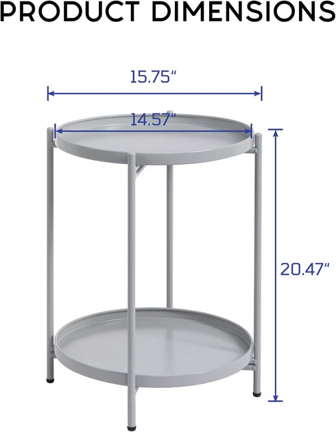 2-Tier HollyHOME Round Side Table, Outdoor Small Folding Accent Stand with Removable Tray, Anti-Rust Metal Asional