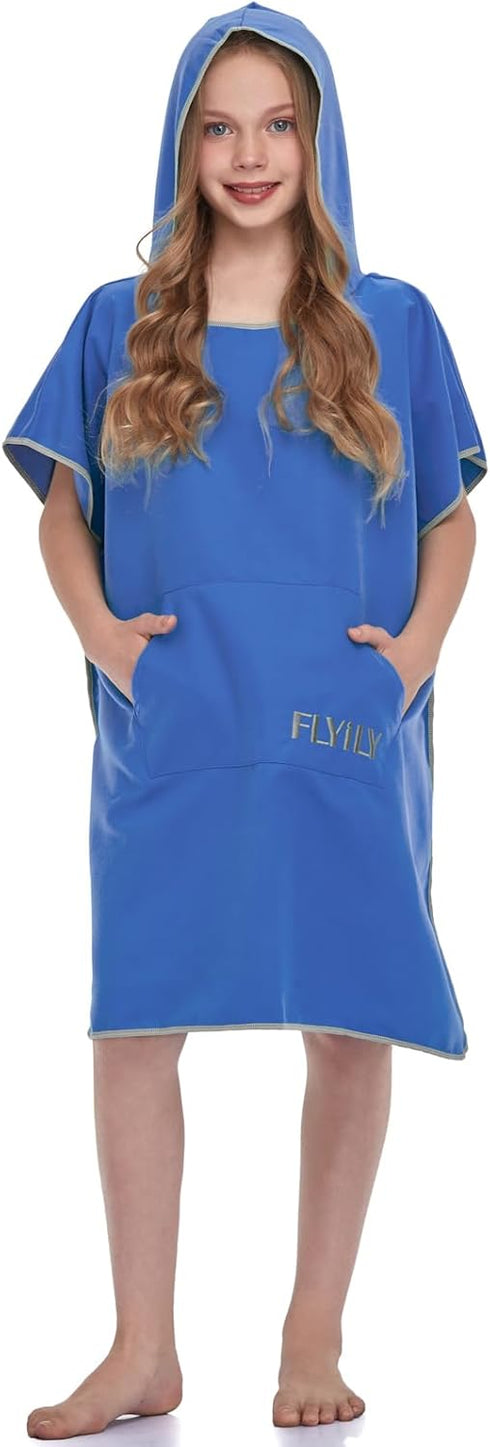 Swimming (RoyalBlue, Child(Age8-13)) FLYILY Beach Changing Towel Surf Poncho Robe Hooded Wetsuit Adjustable Sleeves