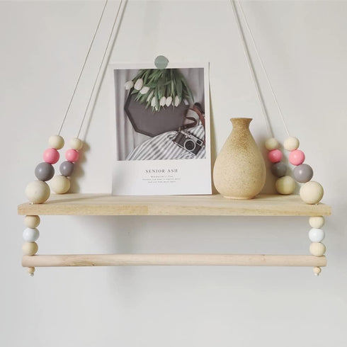 Macrame Wall Hanging Shelf, Hanging Shelves with Wooden Beads, Floating Shelf for Bedroom, Living Room, Corridor