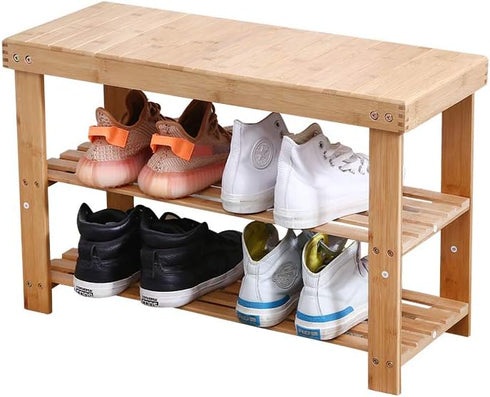 3 KKTONER Bamboo Shoe Rack Bench Tier Entryway Seat Shoe Organizer Storage Shelf Natural Color