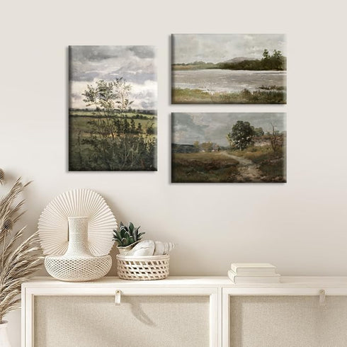 Field Landscape 3 Pieces Split Print Wall Art, Vintage Country Landscape Painting, Nature Abstract Art Mural