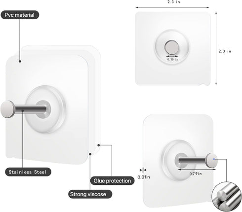 Reusable Adhesive Wall Hooks 10 Pack, 13.5lbs Max, Transparent, Waterproof and Oilproof for Bathroom Kitchen