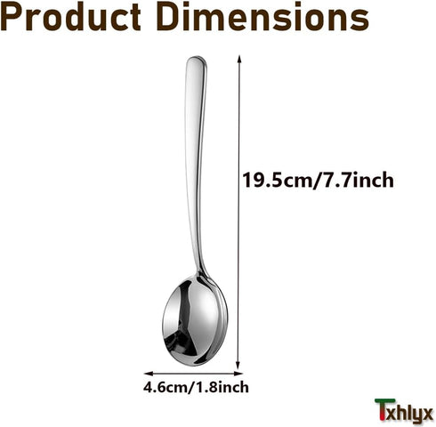 Soup Spoons,Bouillon Spoons SUS 304 Stainless Steel Large,Thick Heavy Duty,Round Spoons,Dishwasher Safe,7.7 x 1.8 Inch Set of 4 (Silver)