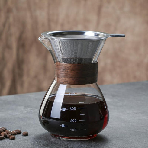 Pour Over Coffee Maker with Double Layer Stainless Steel Filter, 13.5oz/400ml Borosilicate Glass Carafe, Wooden Collar
