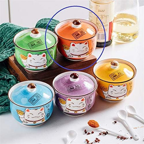 EatingBiting Ceramics Japanese Maneki Neko Lucky Cat Sugar Salt Pepper Storage Jar with Lid and Spoon