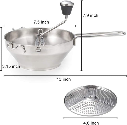 Rotary Food Mill Potato Ricer with 3 Disks, Great for Puree or Soups, Stainless Steel 2-Quart Kitchen Mill, Easy Clean