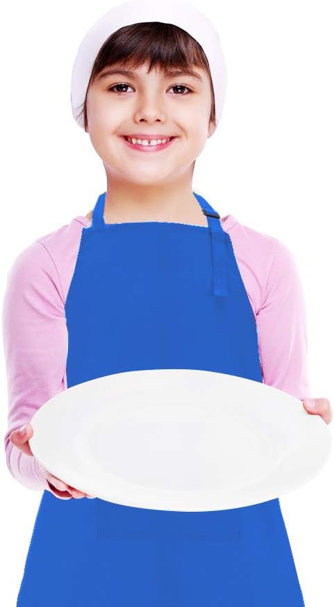 Kids Adjustable Cotton Apron and Chef Hat Set, Blue Kitchen Bib Aprons for Cooking Baking Painting