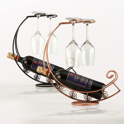 Homya Tabletop Metal Wine Bottle Rack, Elevated Vertical Countertop Organizer for 1 Bottle and 2 Glasses