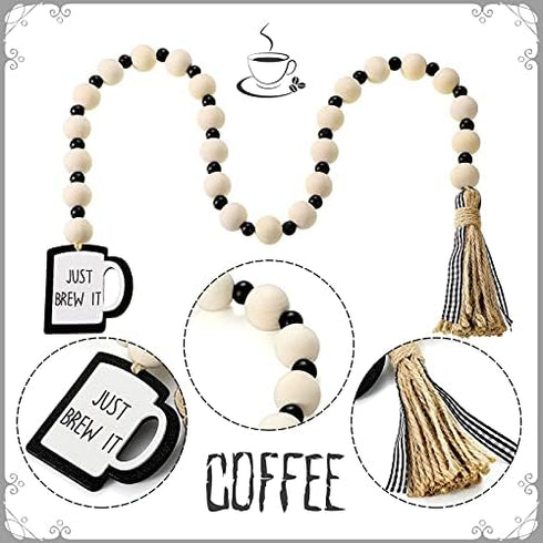 Jetec Coffee Bar Decor, Wood Bead Garland with Tassel for Coffee Bar Try Decor Accessories