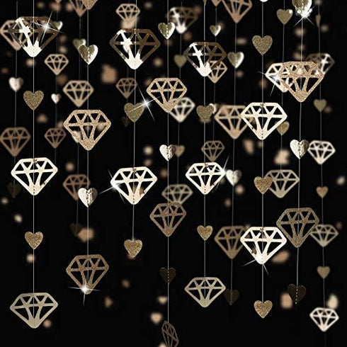 52 Ft Champagne Gold Heart Garland for Valentines Day Party Decorations, Hanging Paper Diamond Streamer Banner