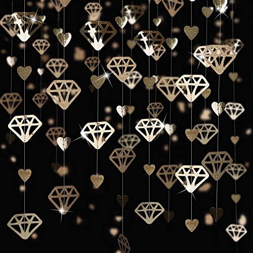 52 Ft Champagne Gold Heart Garland for Valentines Day Party Decorations, Hanging Paper Diamond Streamer Banner