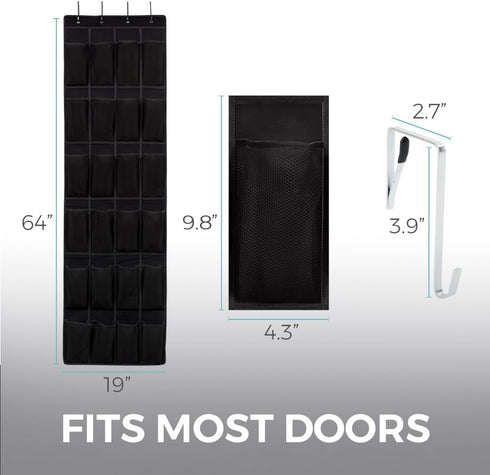 HOME GENIE Over the Door Hanging Shoe Organizer, 2 Pack - 24 Breathable Mesh Pockets, Black Closet Rack Storage
