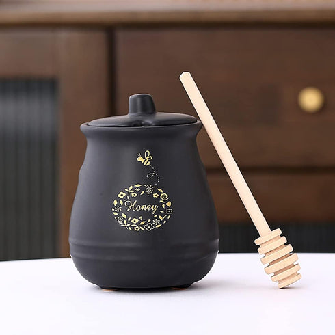 Kosmeey Ceramic Honey Jar with Wooden Honey Dipper-Honey Pot with Dipper- Honey Jar