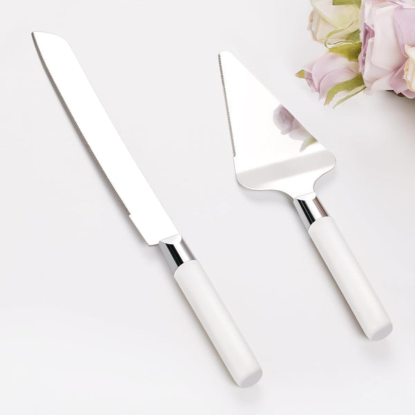 Cake Cutting Set for Wedding, Vintage Wood Knife and Server Set, 2-Piece Pie Cutter, White Dessert Utensils