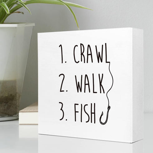 Ruvoty Crawl Walk Fish Rustic Wooden Sign Desk Decor,Funny Baby Fishing Wood Block Sign Desk Decorations for Home