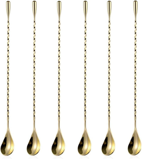 6 Pcs 12 Inch Bar Mixing Spoon Cocktail Spoon Stainless Steel Bar Long Spoon With Spiral Pattern Gold