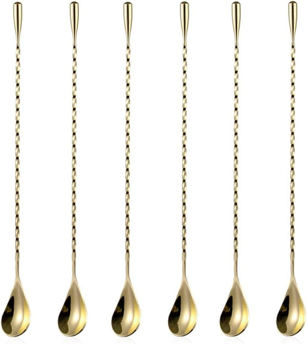 6 Pcs 12 Inch Bar Mixing Spoon Cocktail Spoon Stainless Steel Bar Long Spoon With Spiral Pattern Gold