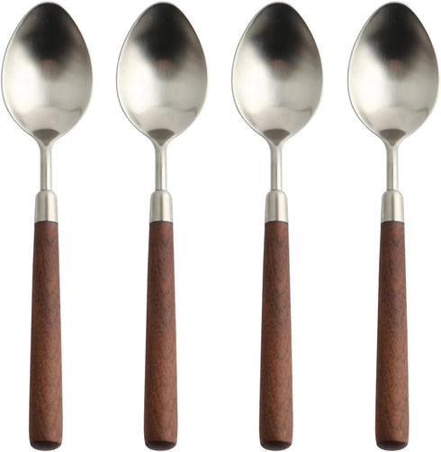 Retro Wooden Handle Spoon Set, Stainless Steel Serving Tablespoons, 4 Pcs with Brown Handle
