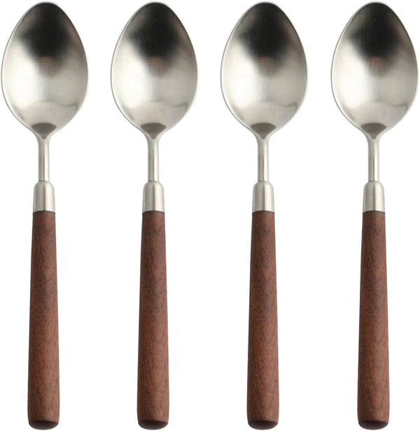 Retro Wooden Handle Spoon Set, Stainless Steel Serving Tablespoons, 4 Pcs with Brown Handle