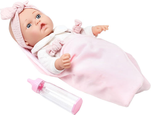 Enjoyin 12'' 13''x13'' 3+ Baby Doll in Gift Box with Pink Cloths, Pacifier, Microfabric Blanket, and Feeding Bottle.