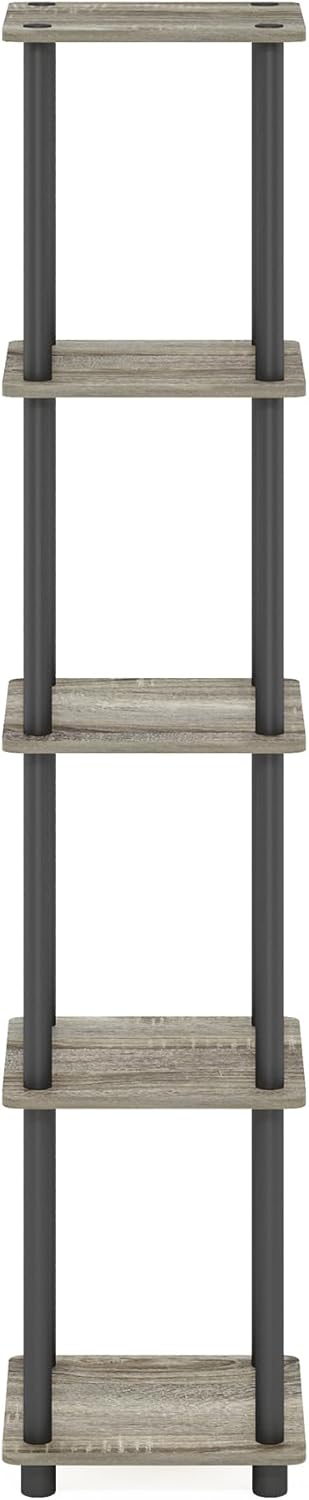 5-Tier FURINNO Turn-N-Tube Corner Square Rack Display Shelf, Round, French Oak Grey/Black