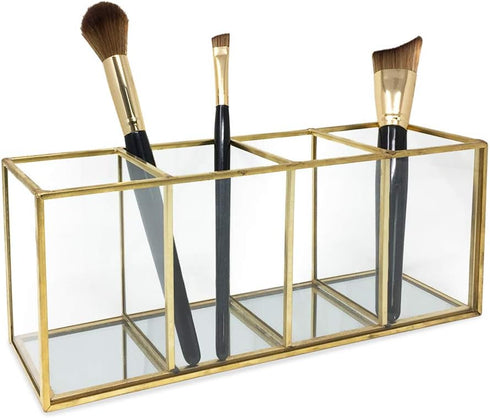 Isaac Jacobs Vintage Style Brass and Glass 4-Compartment Organizer - Makeup Brush Holder with Mirror Base (Antique Gold)