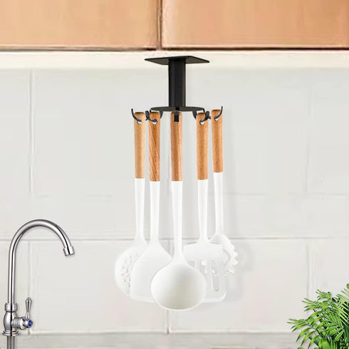 Aosome 360° Rotating Under Cabinet Utensil Holder Hanger - Stainless Steel with 8 Hooks for Kitchen