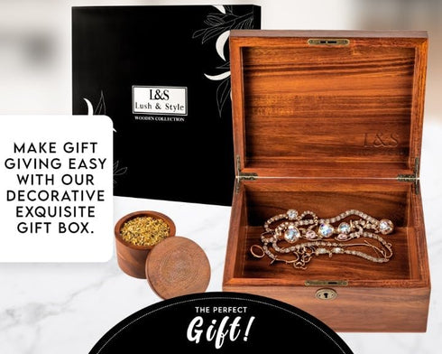 LUSH & STYLE Keepsake Box, Decorative Wooden Storage Box with Hinged Lid & Locking Key, Size 11X9X5 Inches