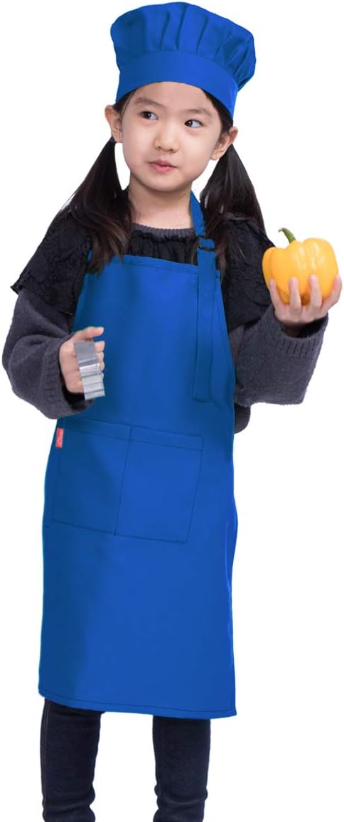 Kids Apron and Chef Hat Set, Adjustable Bib Apron with 2 Pockets for Cooking and Baking (6-12 Year, Blue)