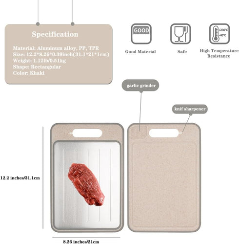 Defrosting Tray 12 * 8 Inch, UNOSCHRIM 4-in-1 Fast Defrosting Plate, Multi-functional Double Sided Cutting Board, Aluminium Thawing Tray for Thawing Frozen Meat and Food, Natural Thawing, Safe, Khaki by Unoschrim