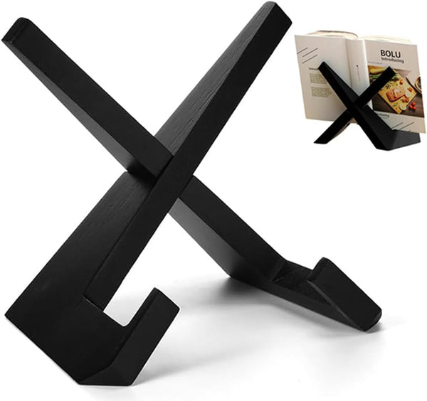 Cookbook Stand for Kitchen, Wooden Recipe Book Holder, Rustic Farmhouse Style Decor Display Stand - Black