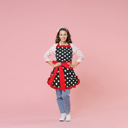 Violet Mist Vintage Apron for Women with Pockets, Cute Polka Dot Retro Stylish Apron (Red)