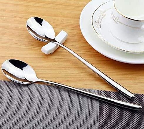 Pack of 4 Long Handle Stainless Steel Soup Spoons, Korean Round Handle Bar Spoons in Silver