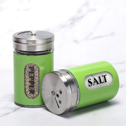 Salt and Pepper Shakers Set, Stainless Steel and Glass with Adjustable Pour Holes (Green)