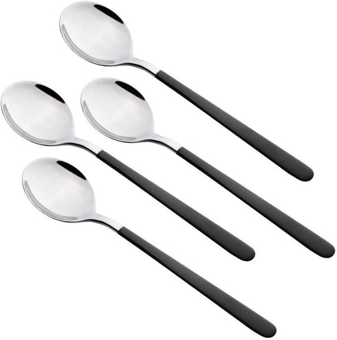 4-Piece Stainless Steel Dinner Spoons, 8 inches Comfort Long Handle, Mirror Polished Flatware, Dishwasher Safe (Black)