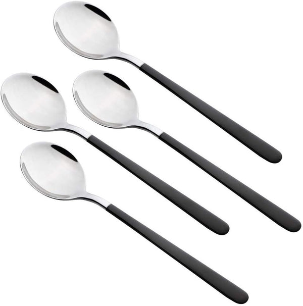4-Piece Stainless Steel Dinner Spoons, 8 inches Comfort Long Handle, Mirror Polished Flatware, Dishwasher Safe (Black)