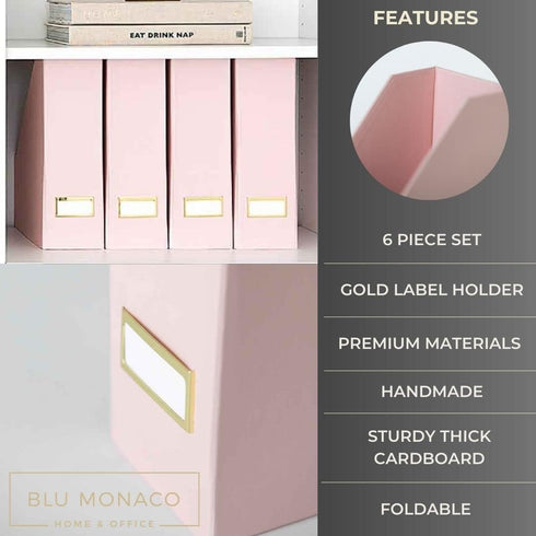 BLU MONACO Set of 6 Foldable Pink Cute Magazine Holders with Gold Label Holders - Stylish Storage for Desk, Shelves,