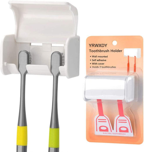 Wall Mounted Toothbrush Holder with Cover, Self Adhesive for Dorm Bathrooms and Shower, Holds 2 Toothbrushes